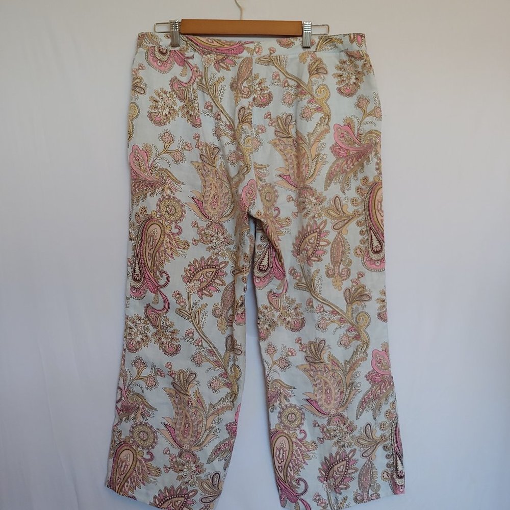 Tommy Hilfiger 100% linen pale blue, pink, gold paisley pastel crop pants SZ 10 - Picture 6 of 10